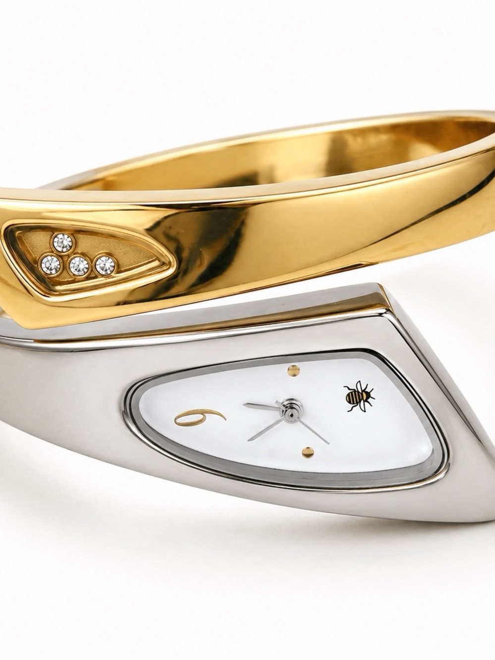 Sculptural Two Tone Bee Cuff Watch Crystal Designer Bracelet Rare